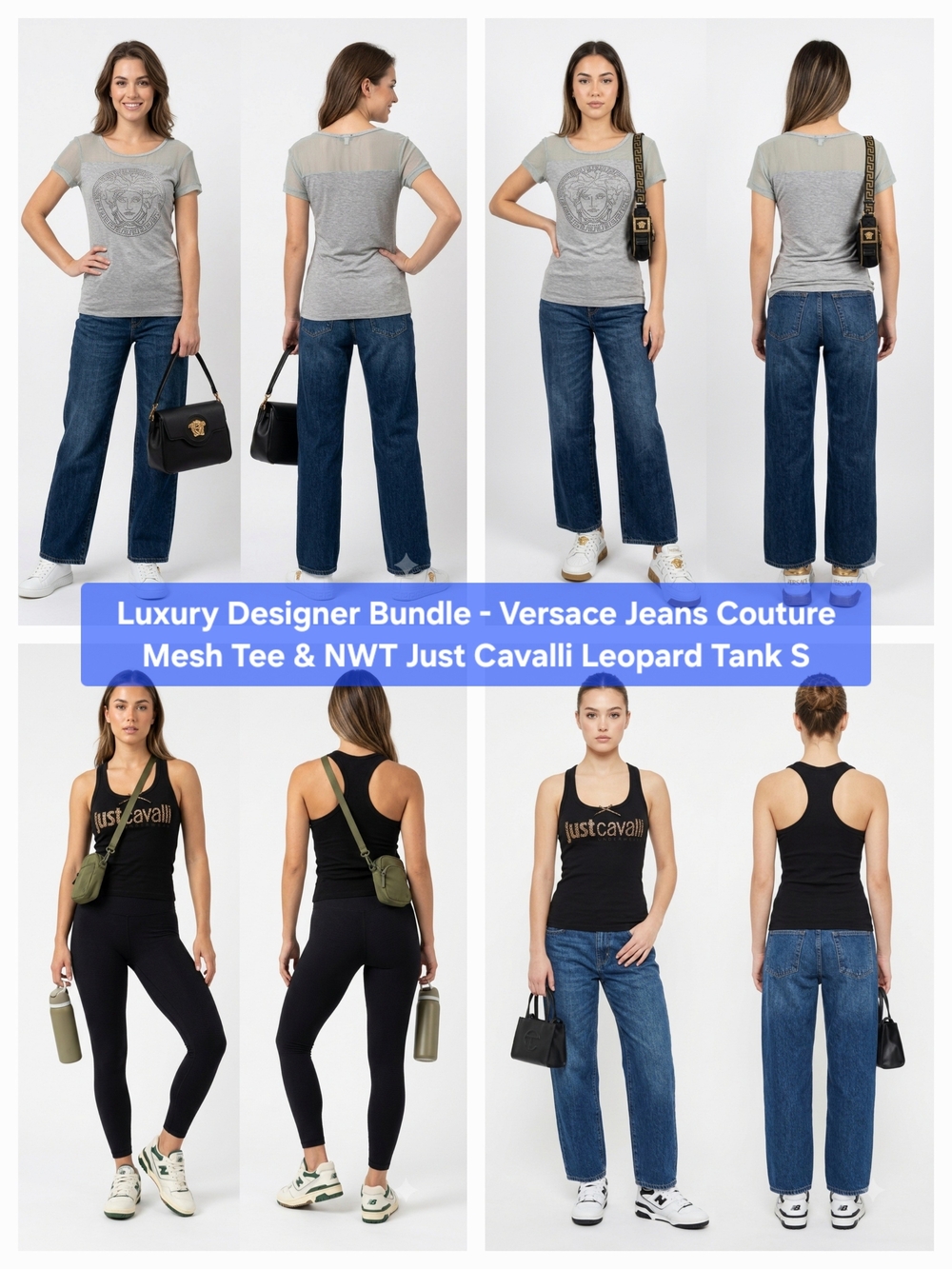 Versace Jeans Couture Mesh Tee & NWT Just Cavalli Leopard Tank Bundle Size XS/S